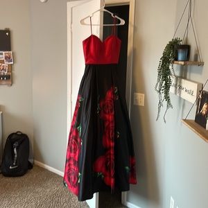 Prom dress! Red and black flowered design!